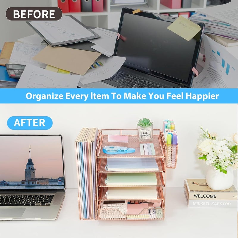 Gugsey Desk Organizer, 5-Tier Paper Letter Tray Organizer with File Holder, Drawer and Pen Holder, Desktop Organizer for Office Supplies, Rose Gold - Image 4